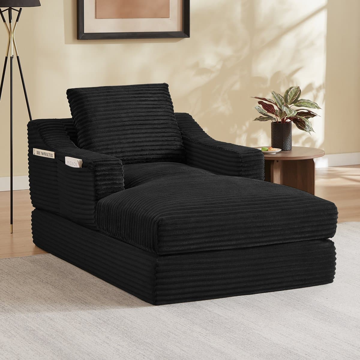 Wishdor Fauteuil met armleuningen - corduroy - handmatig uitklapbaar naar bed - modern minimalistisch - zwart - 100 x 160 x 85 cm