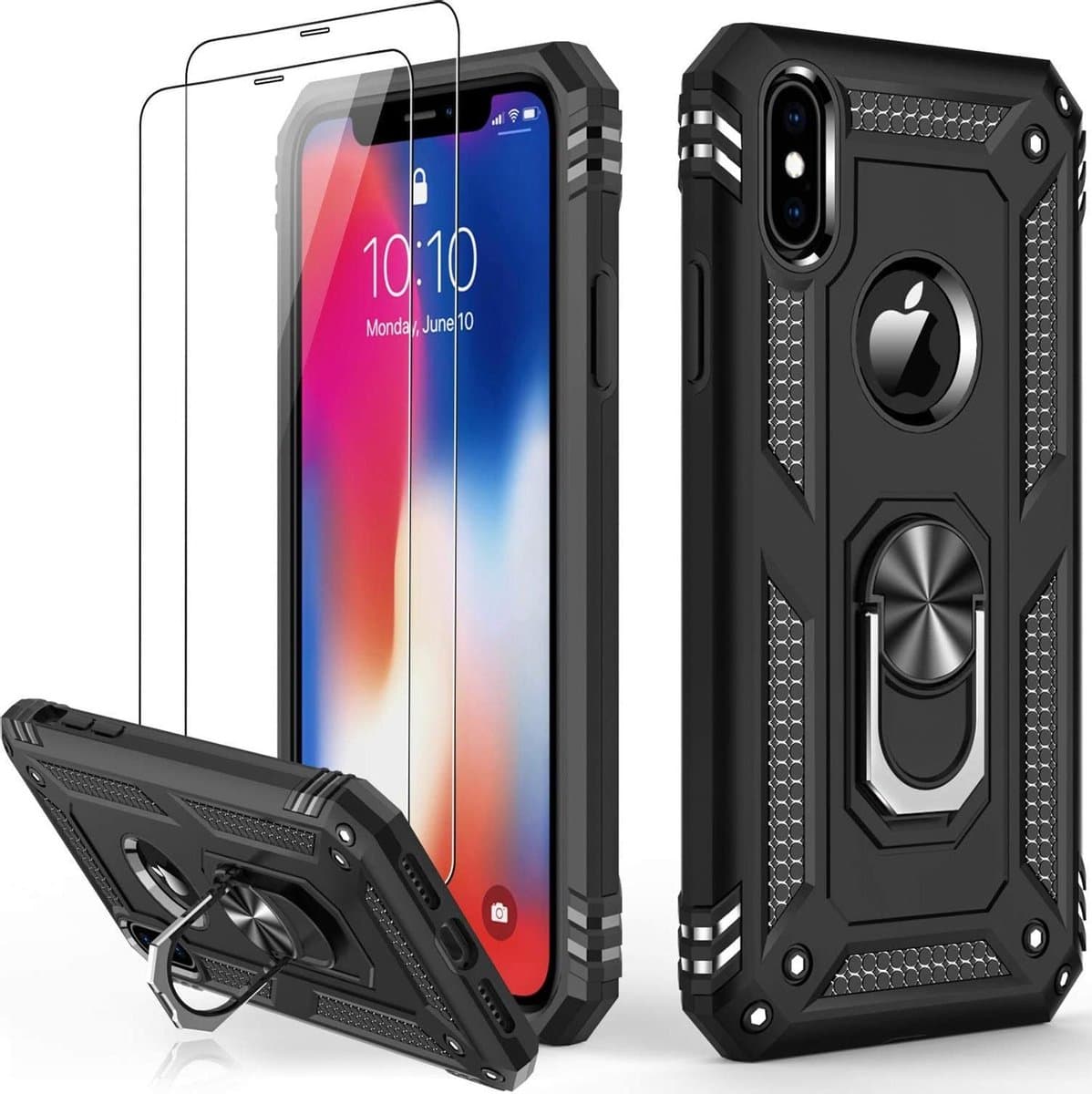 Telefoonhoesje Geschikt voor: iPhone XR hoesje Schokbestendige ring armor met 2X Glas Screenprotector zwart