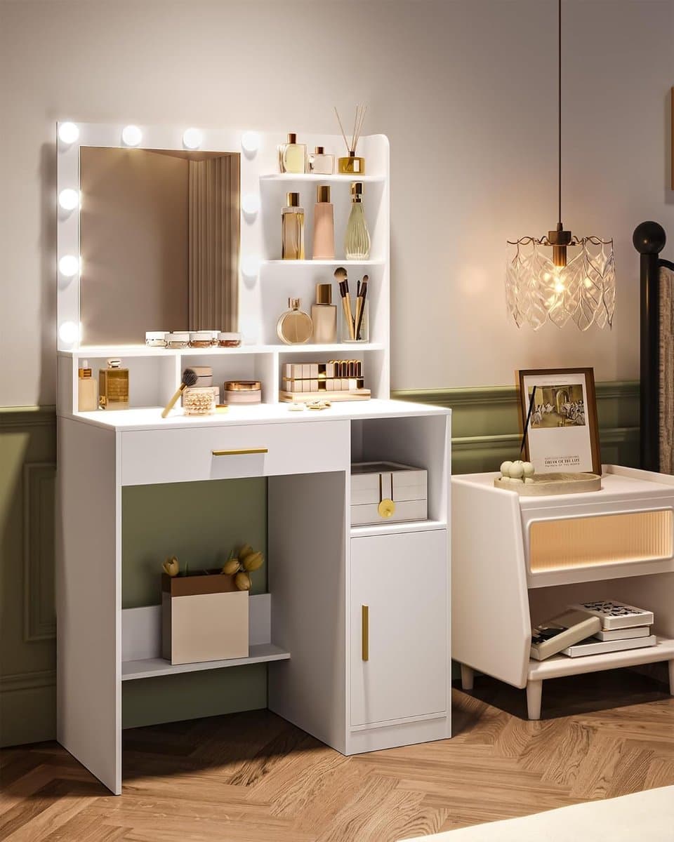 Elegant Make-up Bureau met Spiegel, 10 LED Verlichting, 3 Planken & 4 Open Opbergvakken, Grote Lade en Kast, Verstelbare Lichtsterkte – 40 x 80 x 140 cm – Wit & Goud – Novihome