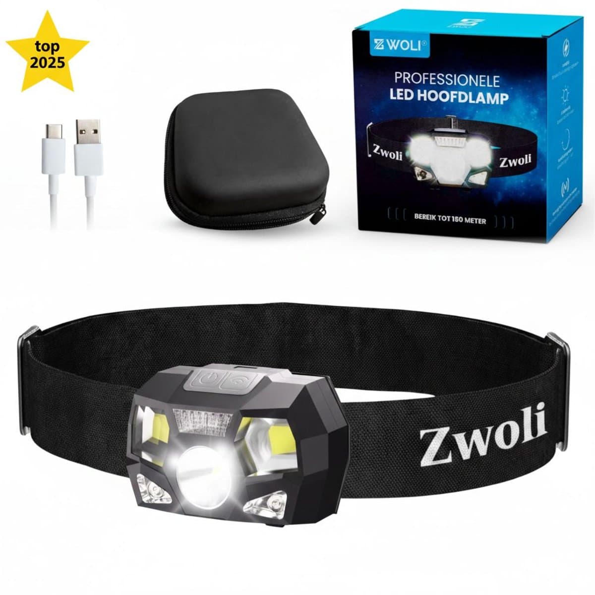 Zwoli Hoofdlamp Led Oplaadbaar - Hoofdlamp Oplaadbaar - 7 Standen - Roodlicht - Hardloop Verlichting - Waterdicht