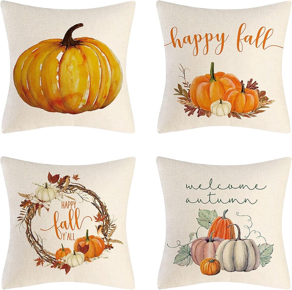 Stunq® Seizoensdecoratie Set: Vier Kussenhoezen met Herfstmotieven - Pompoenen en Esdoornbladeren