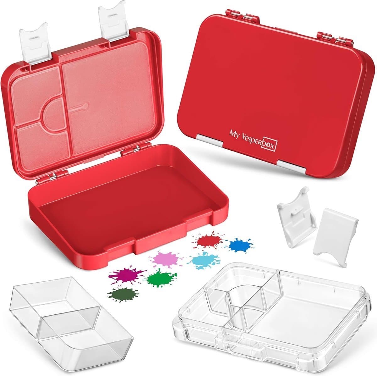Stunq® Bento Box, lunchbox voor kinderen; met 4 + 2 compartimenten; extreem sterke broodtrommel; ideaal voor de kinderopvang en op school (rood-wit)