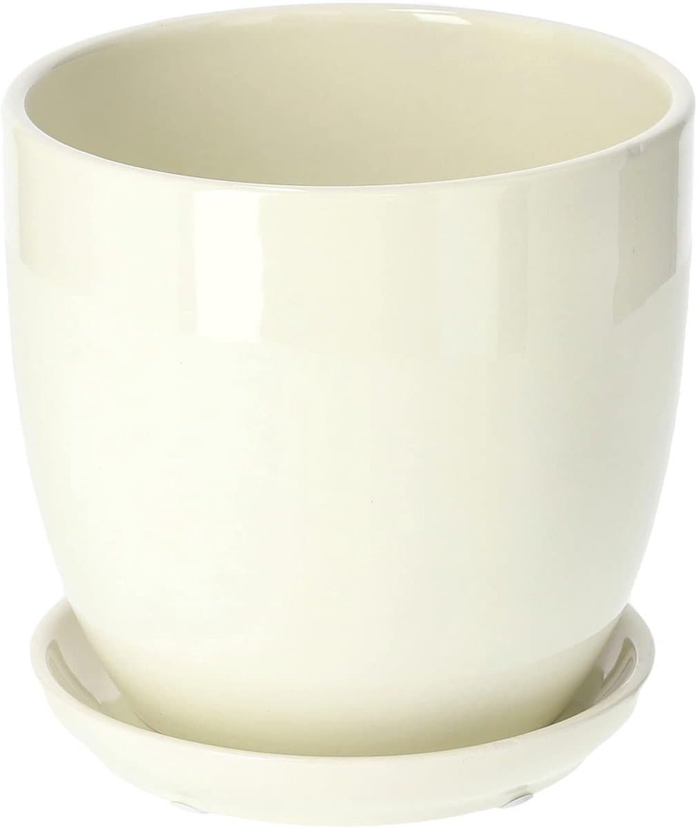 Keramische bloempot met schotel 15 cm beige