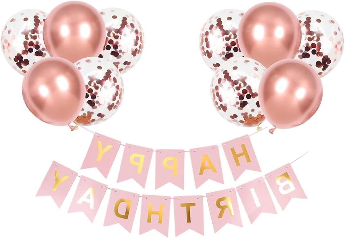 EGoods - Verjaardagsset ballonnen in roségoud, Happy Birthday decoratie slinger met meisjes thema
