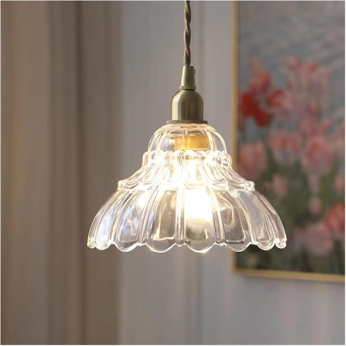 Design hanglamp met transparant bloemglas – LED, minimalistisch – E14 – veelzijdig inzetbaar: keuken, eetkamer, woonkamer, slaapkamer of gang – zonder lichtbron