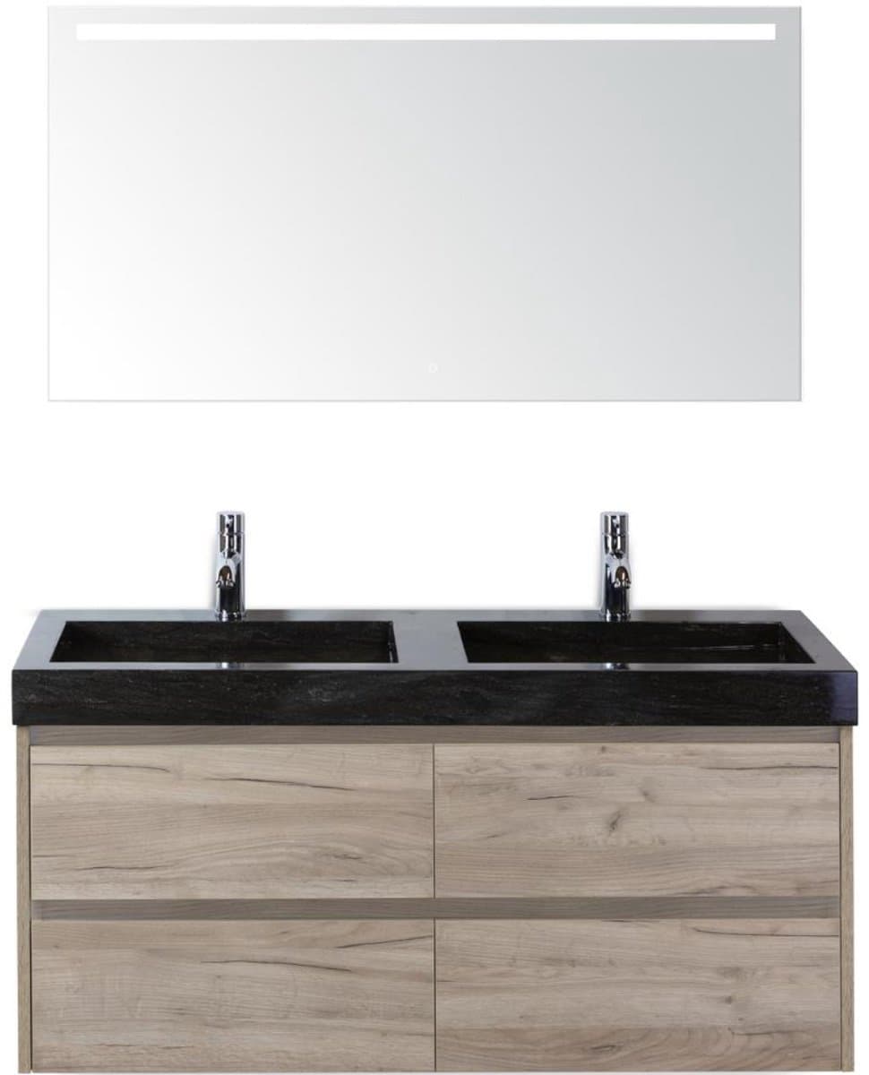 Dante Badmeubelset 120 cm - Craft Oak - Wastafel Hardsteen Wit Lucca Dubbel met Sence Spiegel