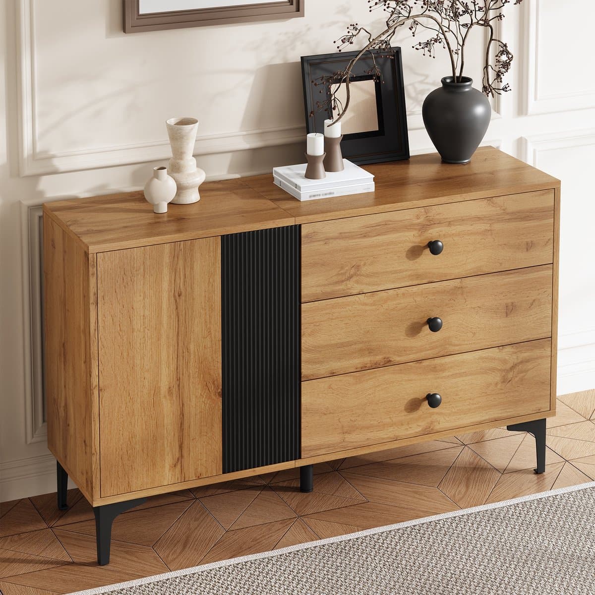 PHOEBE CAT Dressoir - Halmeubel - Houtnerf - 3 lades - 120 x 35 x 76 cm - Zwart + Naturel