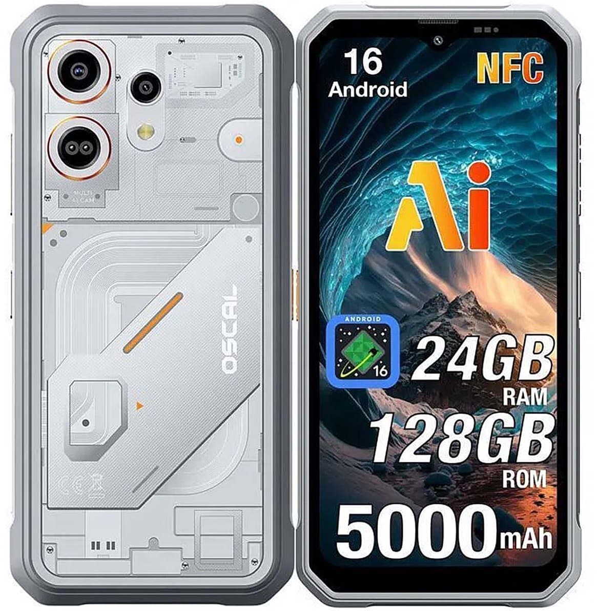 OSCAL MARINE 3 Robuuste Smartphone - 24GB RAM+256GB ROM - 5000mAh Robuuste Telefoon - 6,56 Inch - IP68 IP69K - Dual SIM 4G - Android 16 - BT5.0 - NFC GPS - Wit
