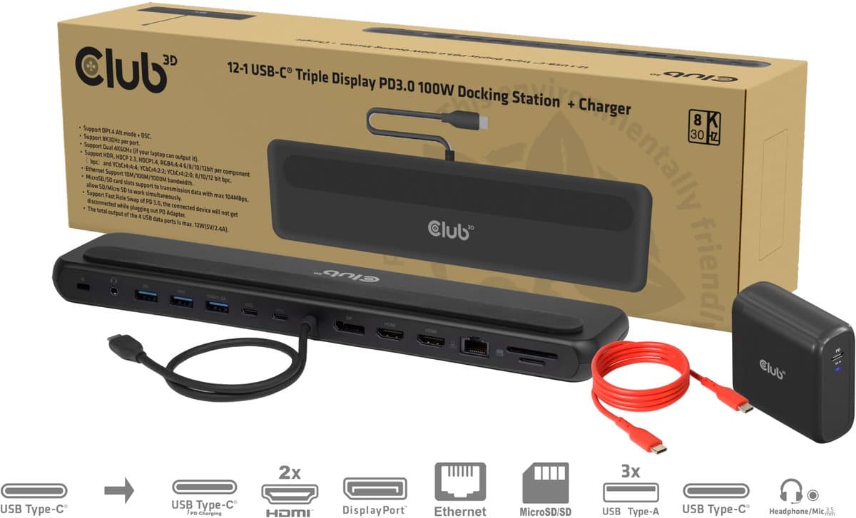 Club 3D 12-1 USB-C® PD3.0 Docking Station met drie schermen 100W + Oplader