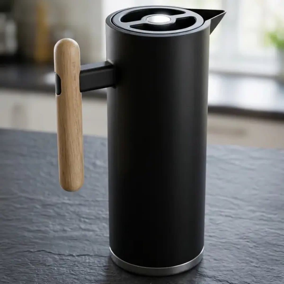 Thermoskan – 1 liter – 24 uur koud/12 uur warm – Zwart – draaidop, houten handvat