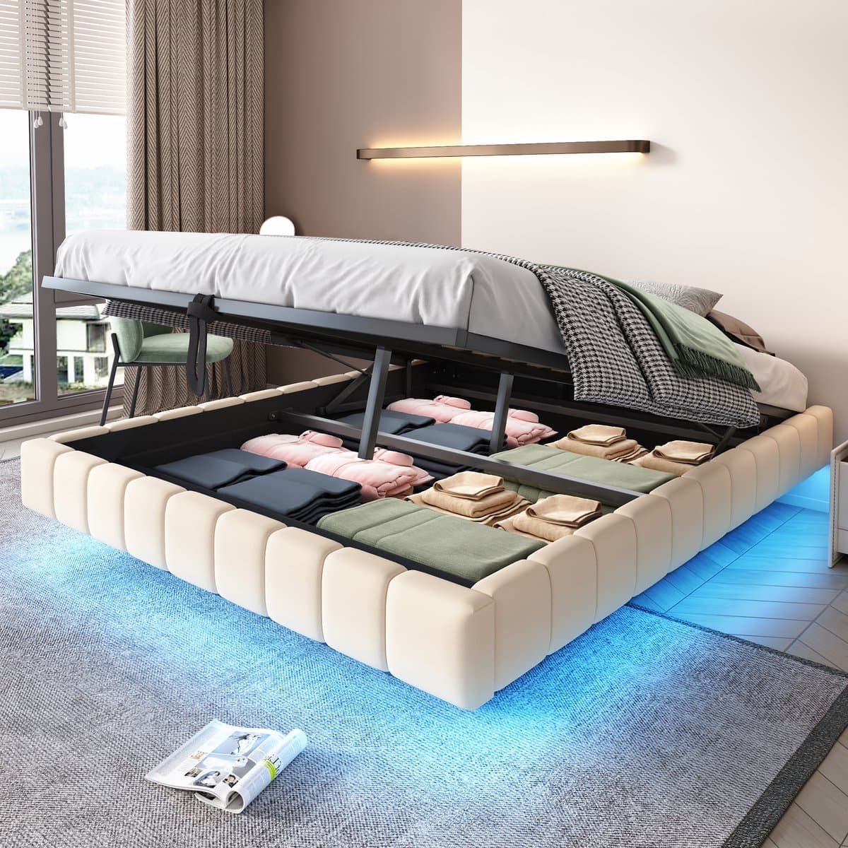 FloraGrace Gestoffeerd Bed 160x200cm - Zwevend Design Met Led Verlichting - Hydraulische Opbergruimte Onder Bed - Zonder Hoofdbord - Linnen - Beige