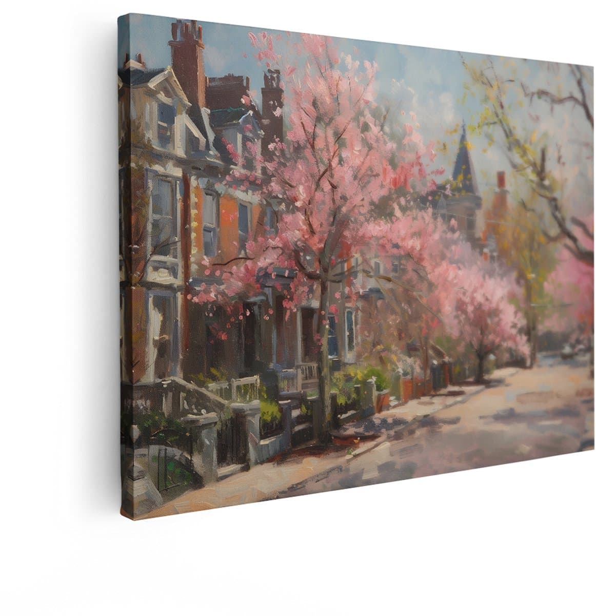 Artaza Canvas Schilderij Bloesem Straat - 80x60 cm - Wanddecoratie Landschap - Muurdecoratie Kersenbloesem - Decoratie Lente Woonkamer - Roze
