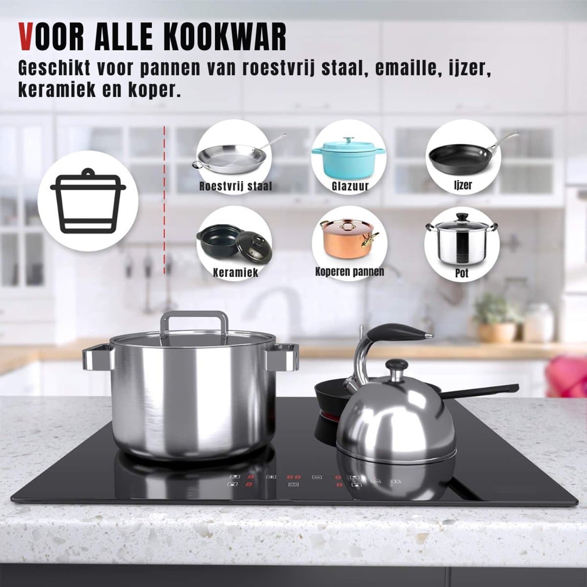 Zyrex® Elektrische Kookplaat 4 Pits - Elektrische Fornuis - Elektrische Kookplaat Vrijstaand - 4 Kookzones - Kinderslot - Zwart - ‎52cm x 59cm x 6cm