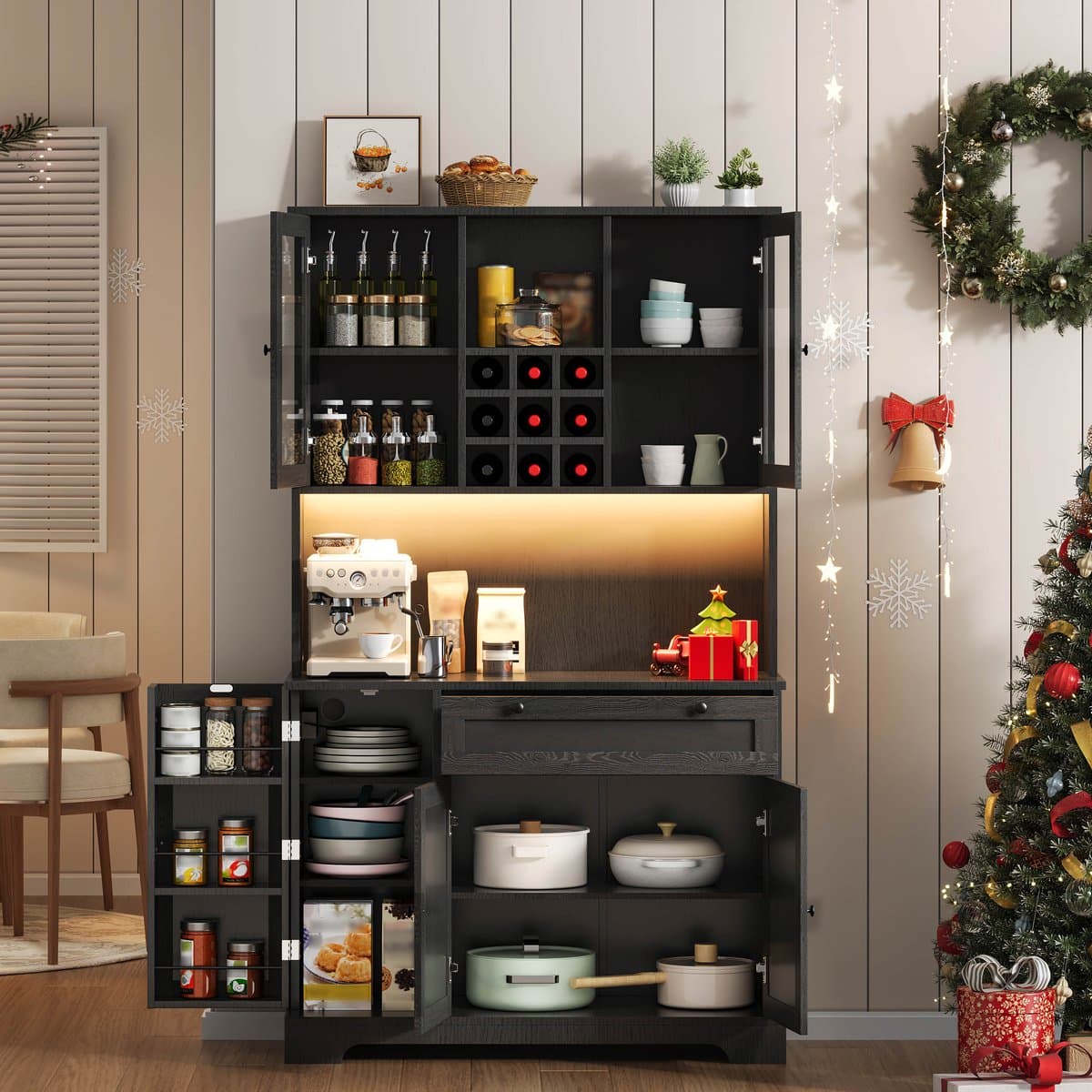Wishdor Keukenkast - Opbergkast Met Deur - LED-Lichtstrip Met Kleurwisseling - Met Stopcontact En USB - Zwart - MDF - 180 x 105 x 40 cm