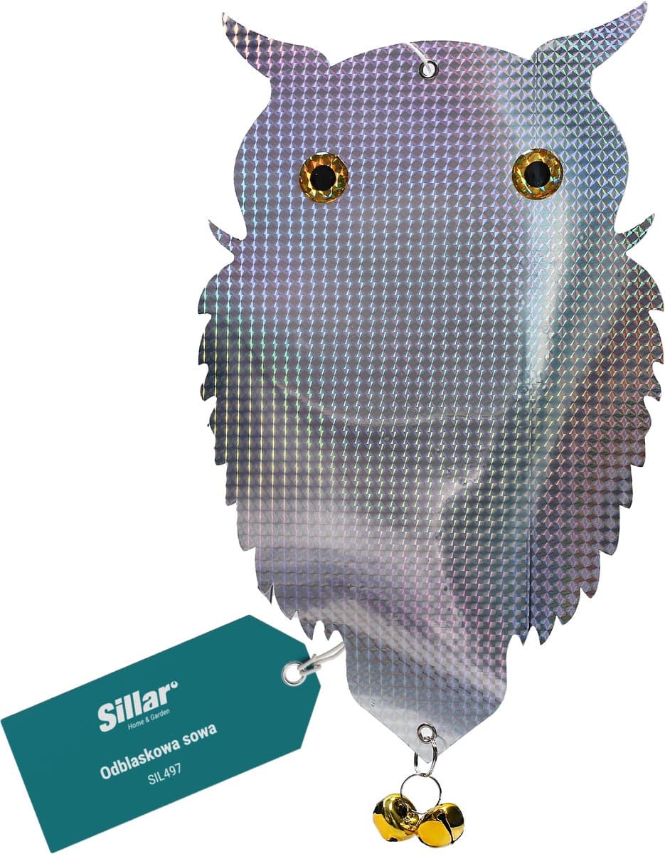 Sillar Vogelverschrikker - Holografische uil - Vogelverjager met belletje - Duivenverjager - Natuurlijke Ongediertebestrijding - Reflecterend - 38 x 23 cm - 1stk