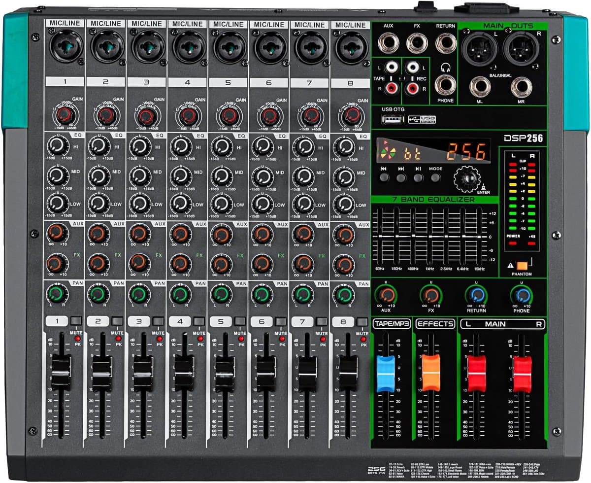 PA8 Professionele 8-kanaals audiomixer DJ-controller met 259 DSP-effecten Bluetooth-ingang USB-speler 48V fantoomvoeding