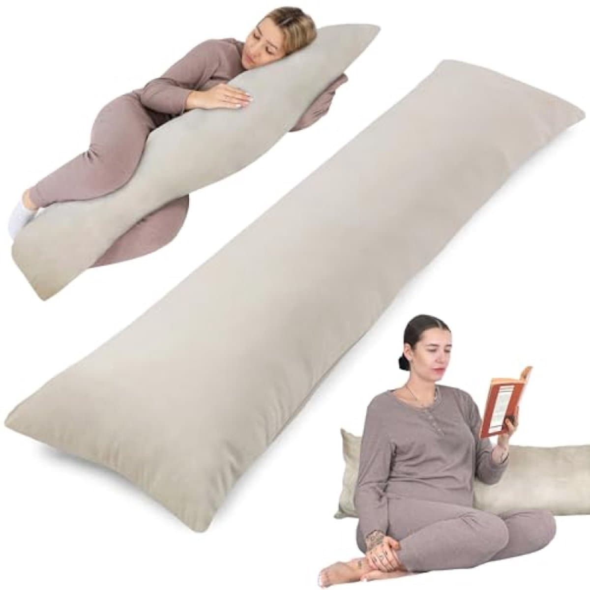 Lang lichaams- en zijslaapkussen 145 cm - Ergonomisch ontwerp voor comfortabele nachtrust - Beige