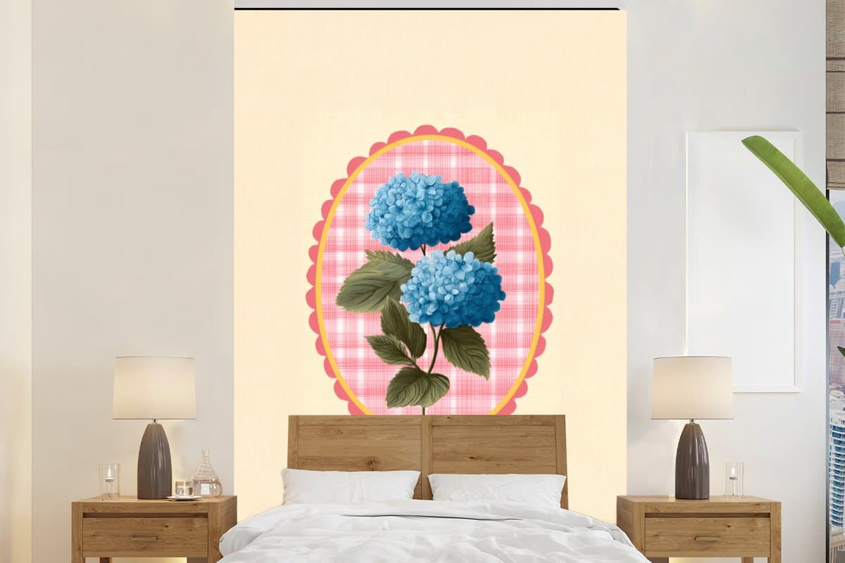 Behang - Fotobehang Bloemen - Blauw - Lijst - Bladeren - Breedte 145 cm x hoogte 220 cm