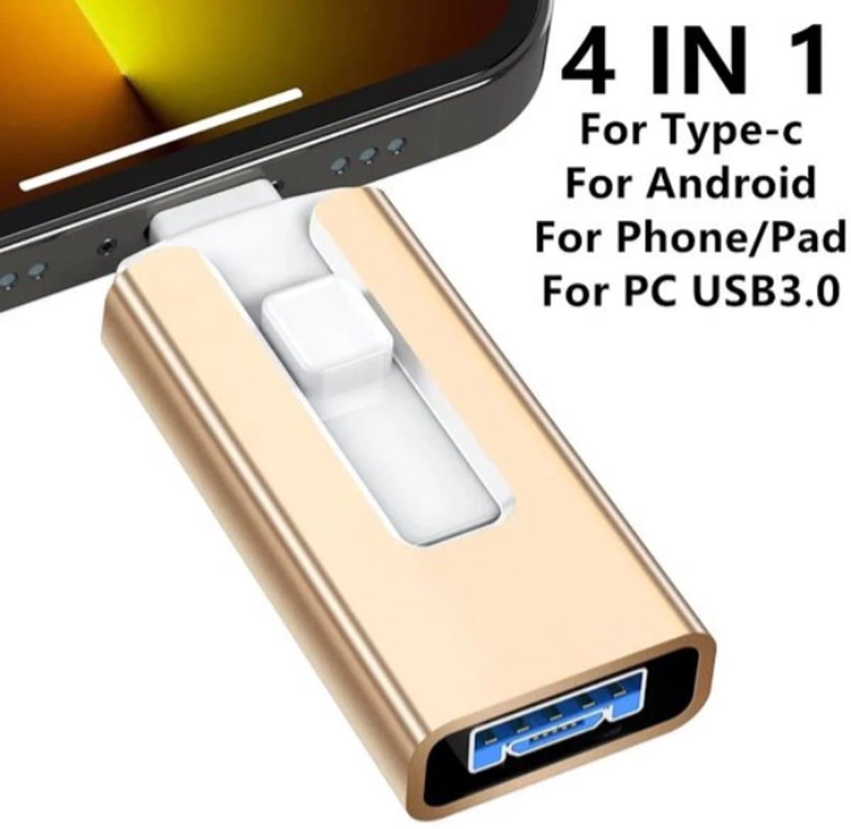 512GB 4-in-1 USB 3.0 Geheugenstick – Geschikt voor iPhone, iPad, Android en PC –Lightning, USB-C, Micro-USB & USB-A – Externe Opslag voor Foto’s, Video’s, Back-up & Bestanden