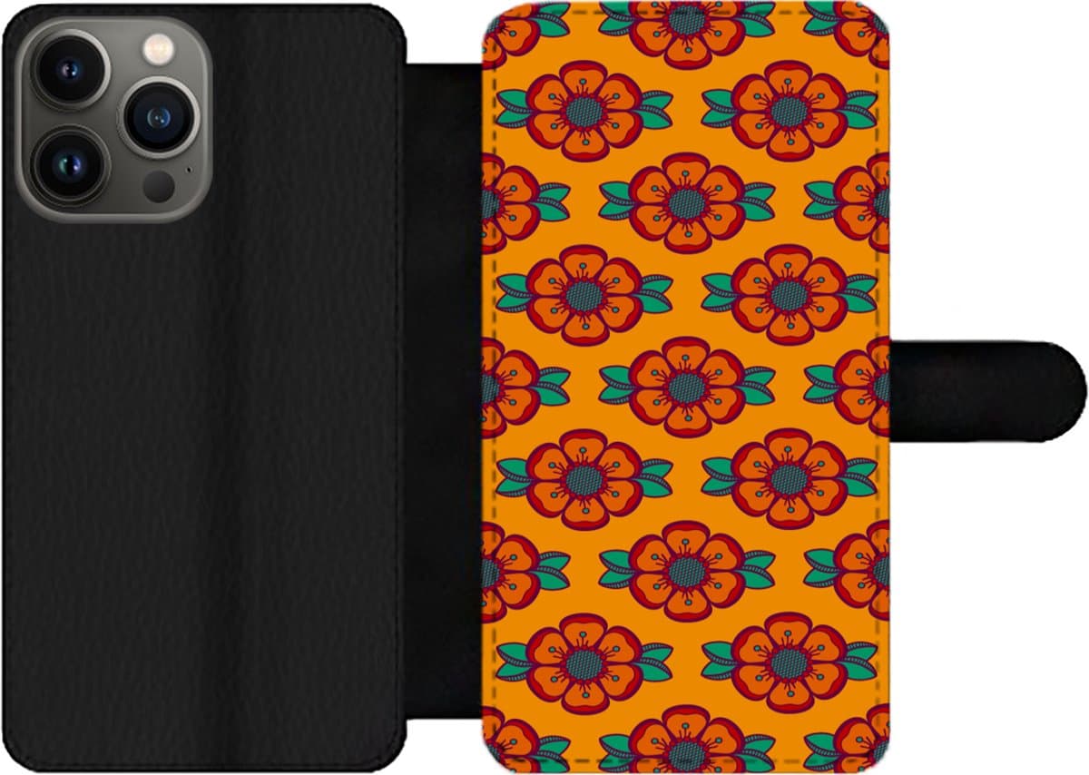 Telefoonhoesje Geschikt voor iPhone 13 Pro Max telefoonhoesje - Design - Retro - Rozen - Oranje - Met vakjes - Wallet case met magneetsluiting