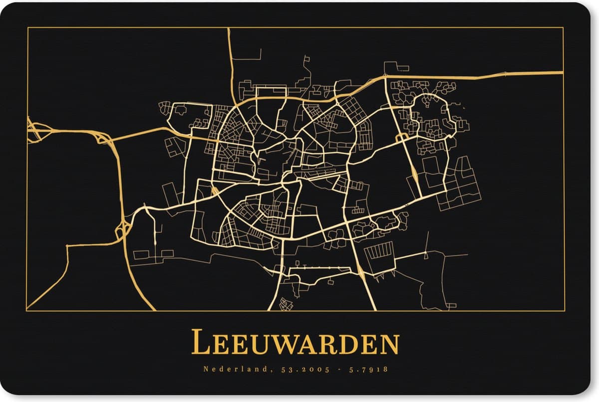 Muismat XXL 120x80 cm - Bureau onderlegger - Bureau mat Kaart - Leeuwarden - Goud - Zwart - Bureaumat - Gaming mousepad xl - Bureaulegger groot - Computer deskmat
