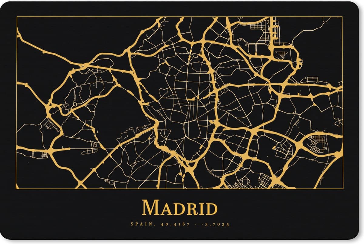 Muismat XXL 120x80 cm - Bureau onderlegger - Bureau mat Kaart - Madrid - Goud - Zwart - Bureaumat - Gaming mousepad xl - Bureaulegger groot - Computer deskmat