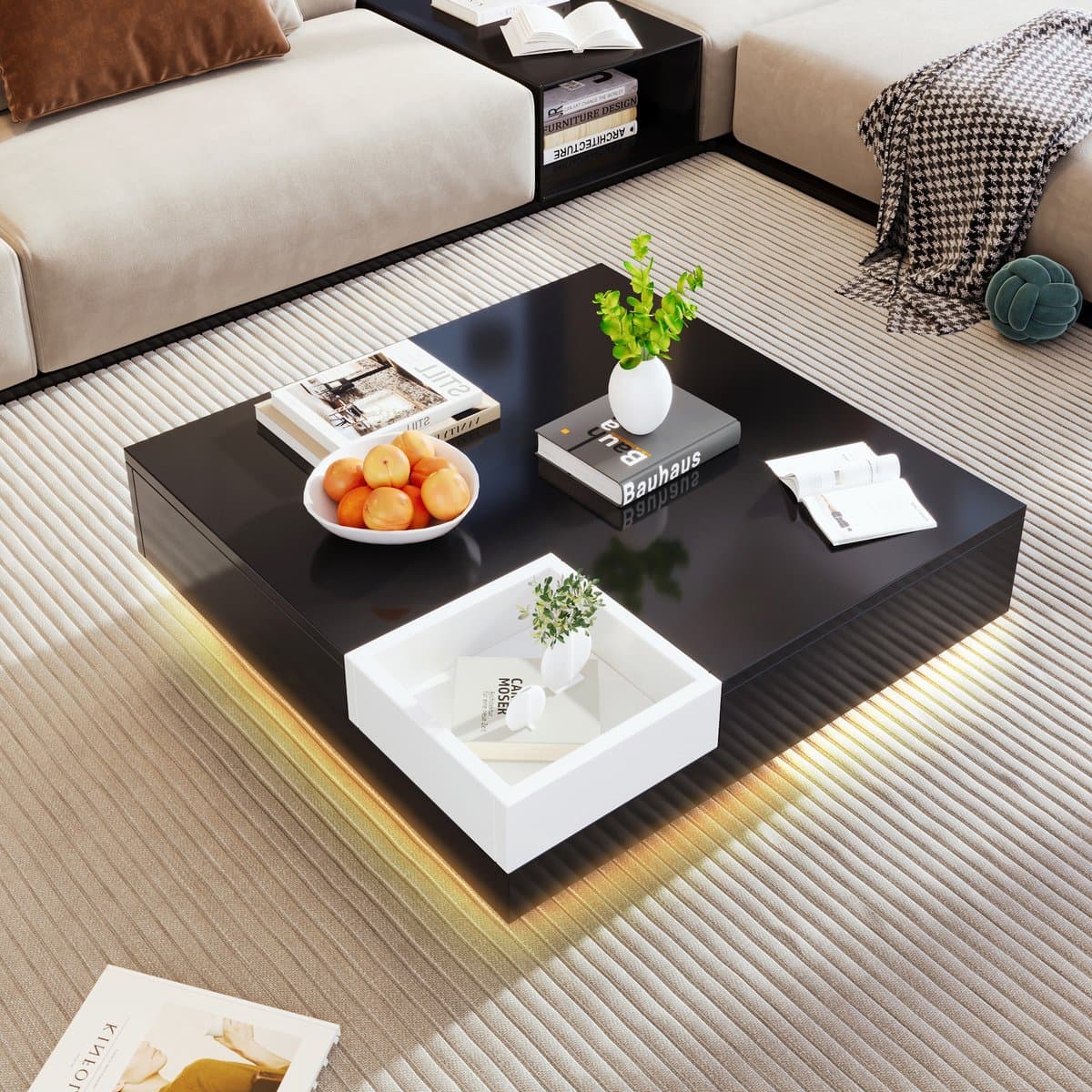 Sweiko Salontafel, Hoogglans Woonkamer tafel, Bijzettafel met LED lichteffect en afneembare opbergbox, Zwart-Wit blokken, 72x72x30cm