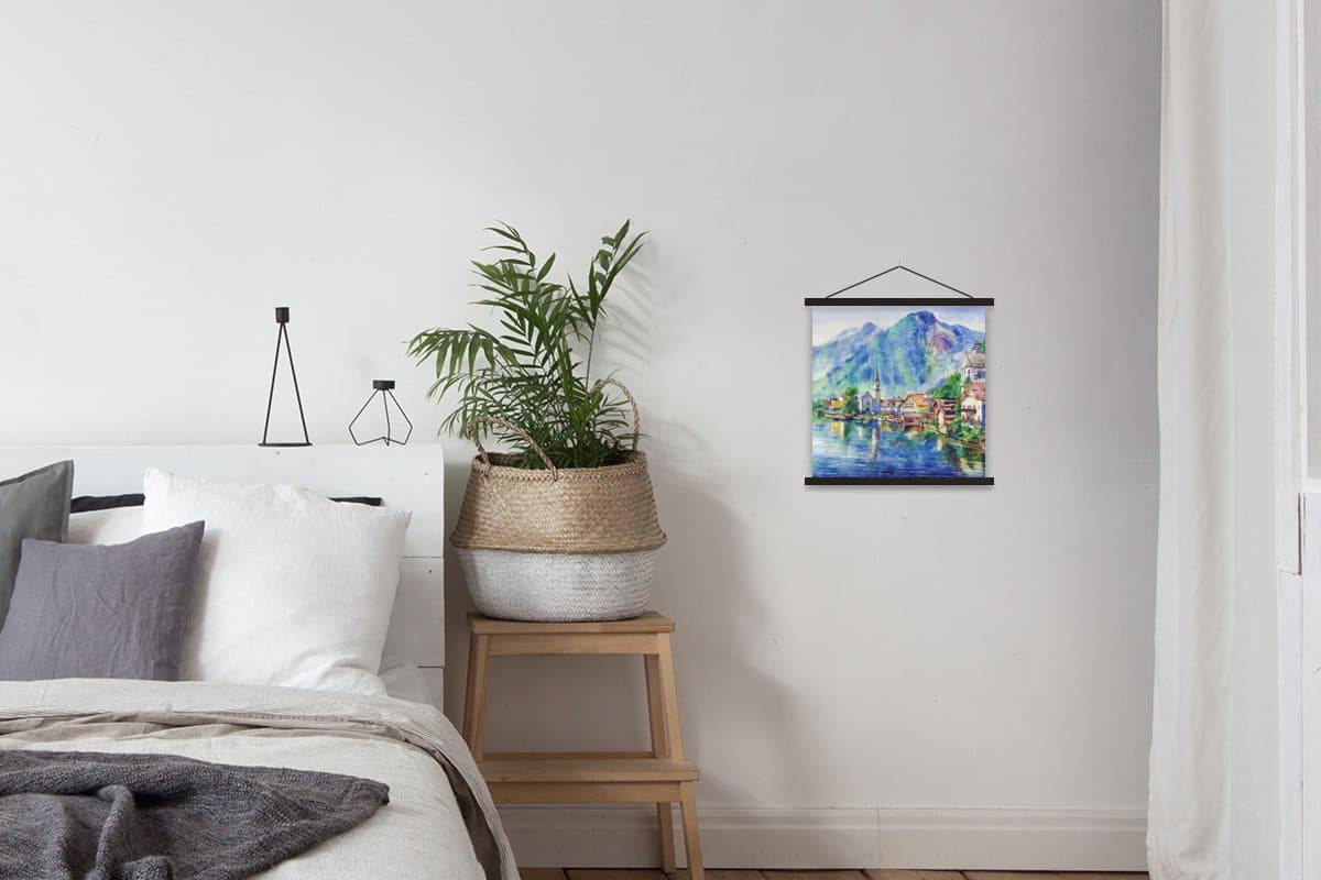 Posterhanger incl. Poster 40x40 cm - Schoolplaat - Schilderij - Olieverf - Huis - Bergen - Water - Textielposter - Zwarte latten