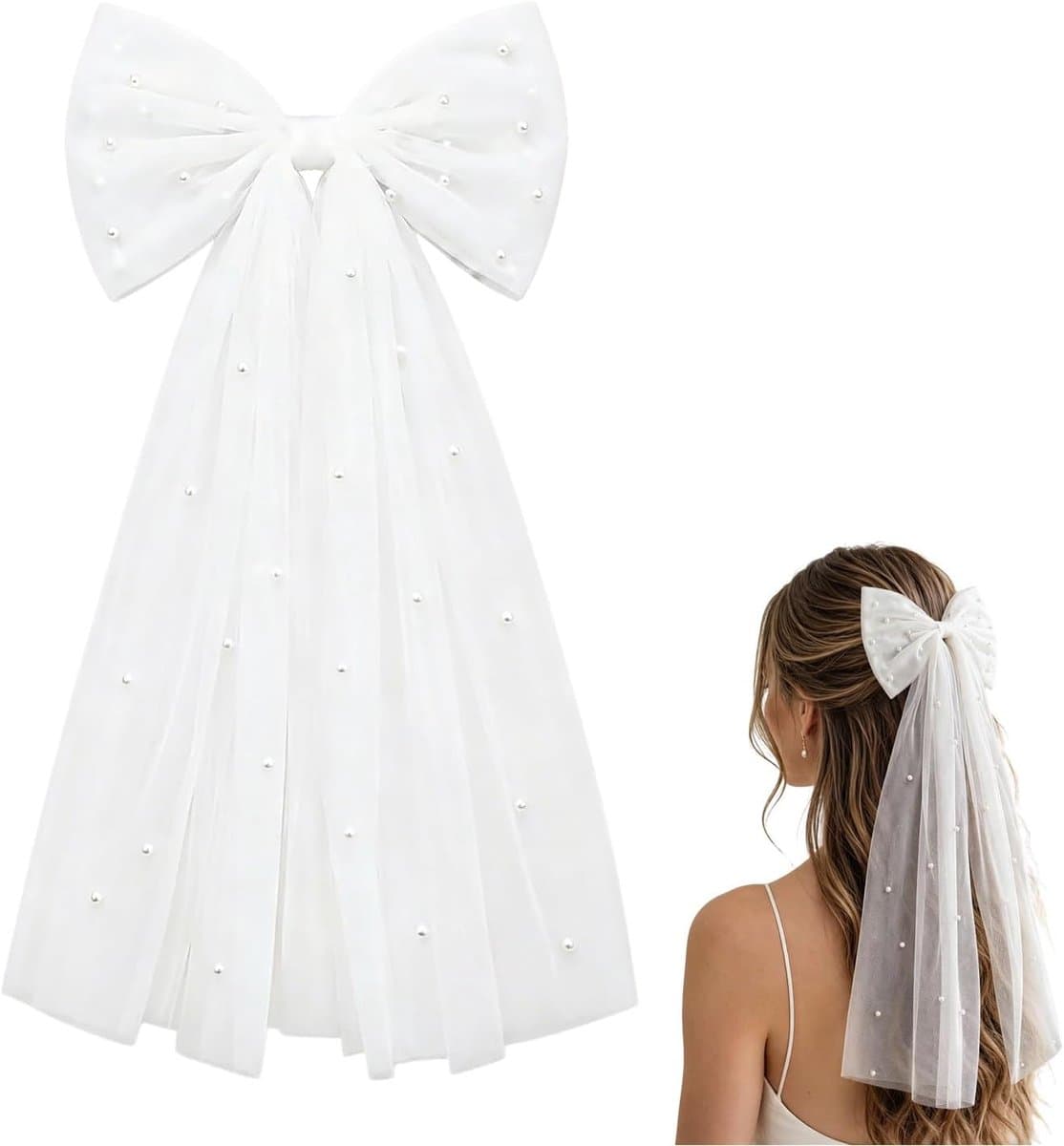 Haarboer sluier 45 cm - dubbellaags tulle - parel en strikken - perfect voor bruiloft - ShopVlot