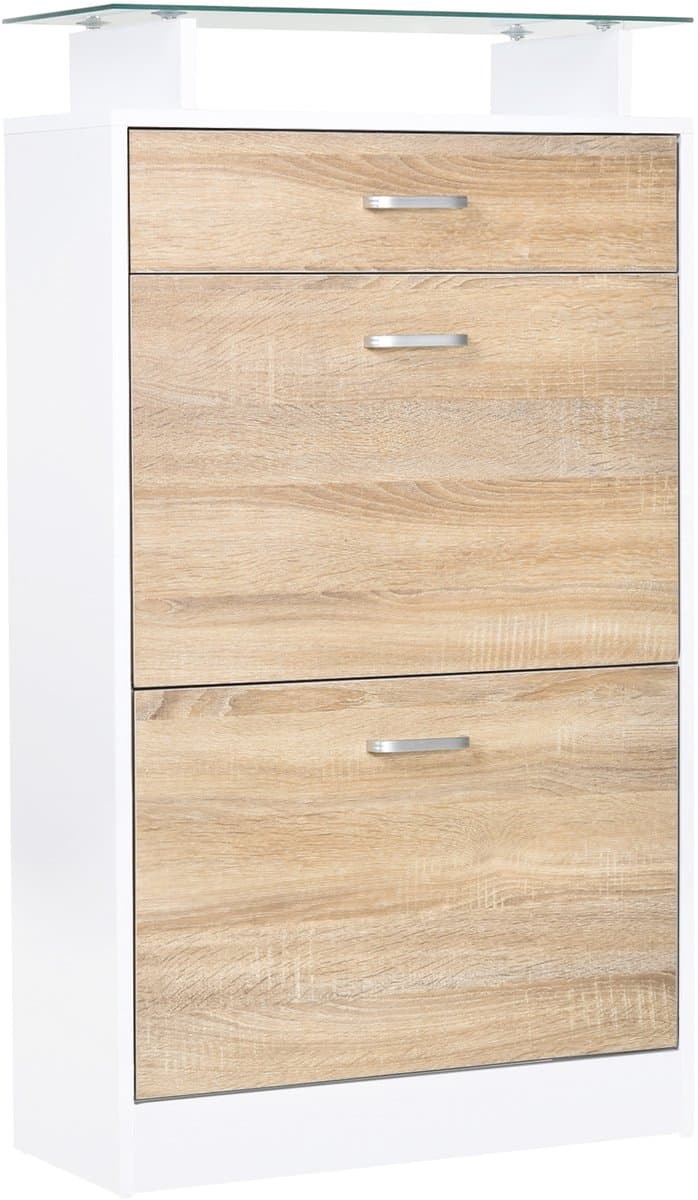 Halmeubel met schoenenkast - 60 x 105 x 24 cm - Top glazen plank - houten eiken wit - 2 schuifdeuren 2 kamers