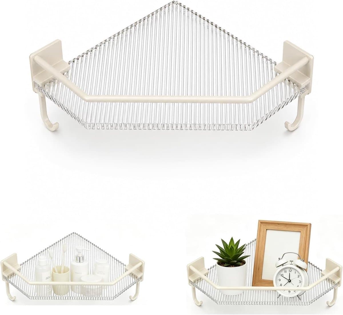 Doucheplank zonder boren, hoekrek, douchemand met 2 haken, douche-organizer, badkamerrek voor badkamer, keuken (crèmekleurig) (wit 1)