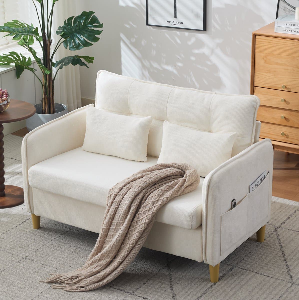 FloraGrace Zitbank 127 Cm - 2-Zitsbank Met Zachte Kussens En Zijvakken - Voor Woonkamer, Kantoor Of Studeerkamer - Chenille En Hout - Beige