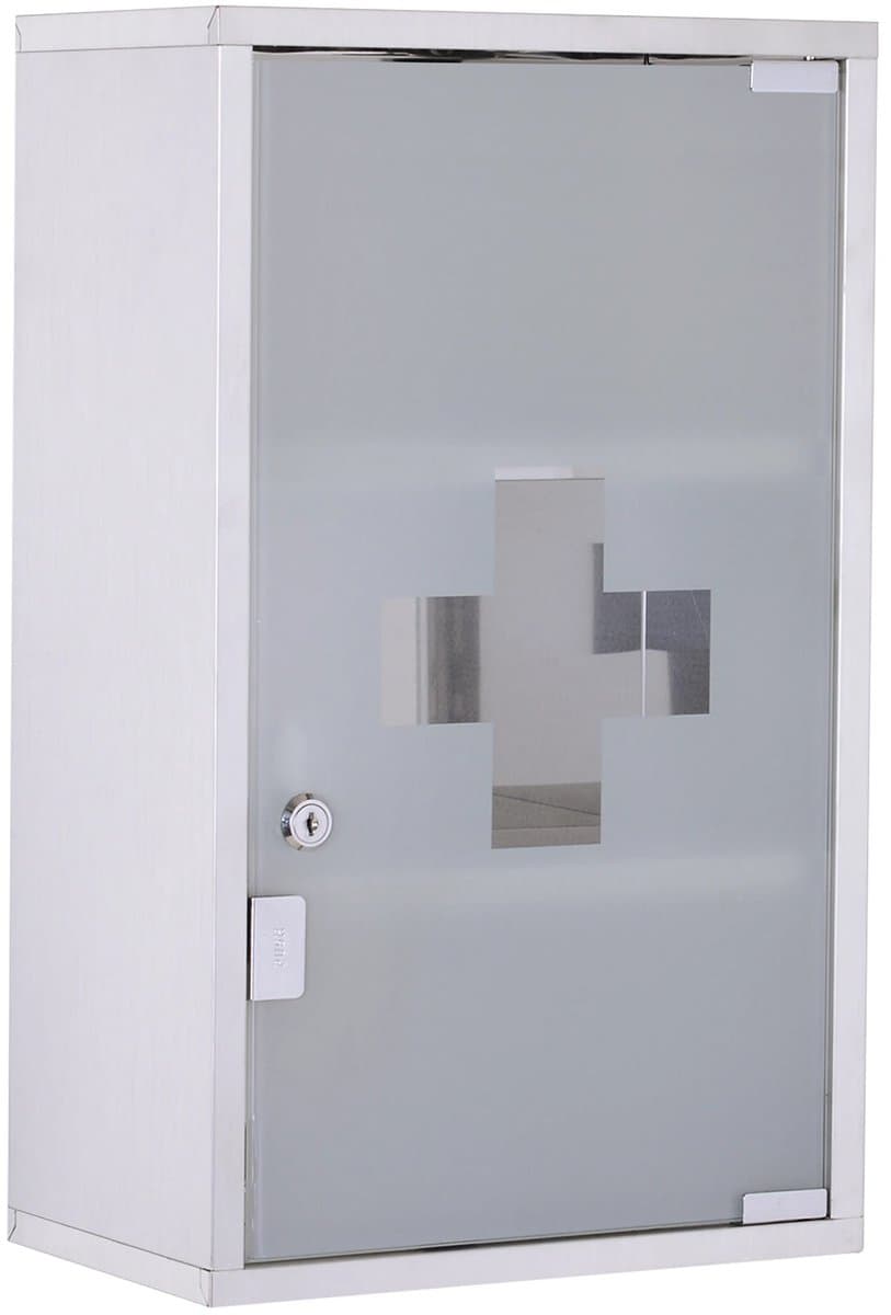 Bresht Medicijnkast - Met slot - Roestbestendig RVS - EHBO-kruis - Mat Veiligheidsglas - Wandmontage - Wit - 30 × 12 × 60 cm