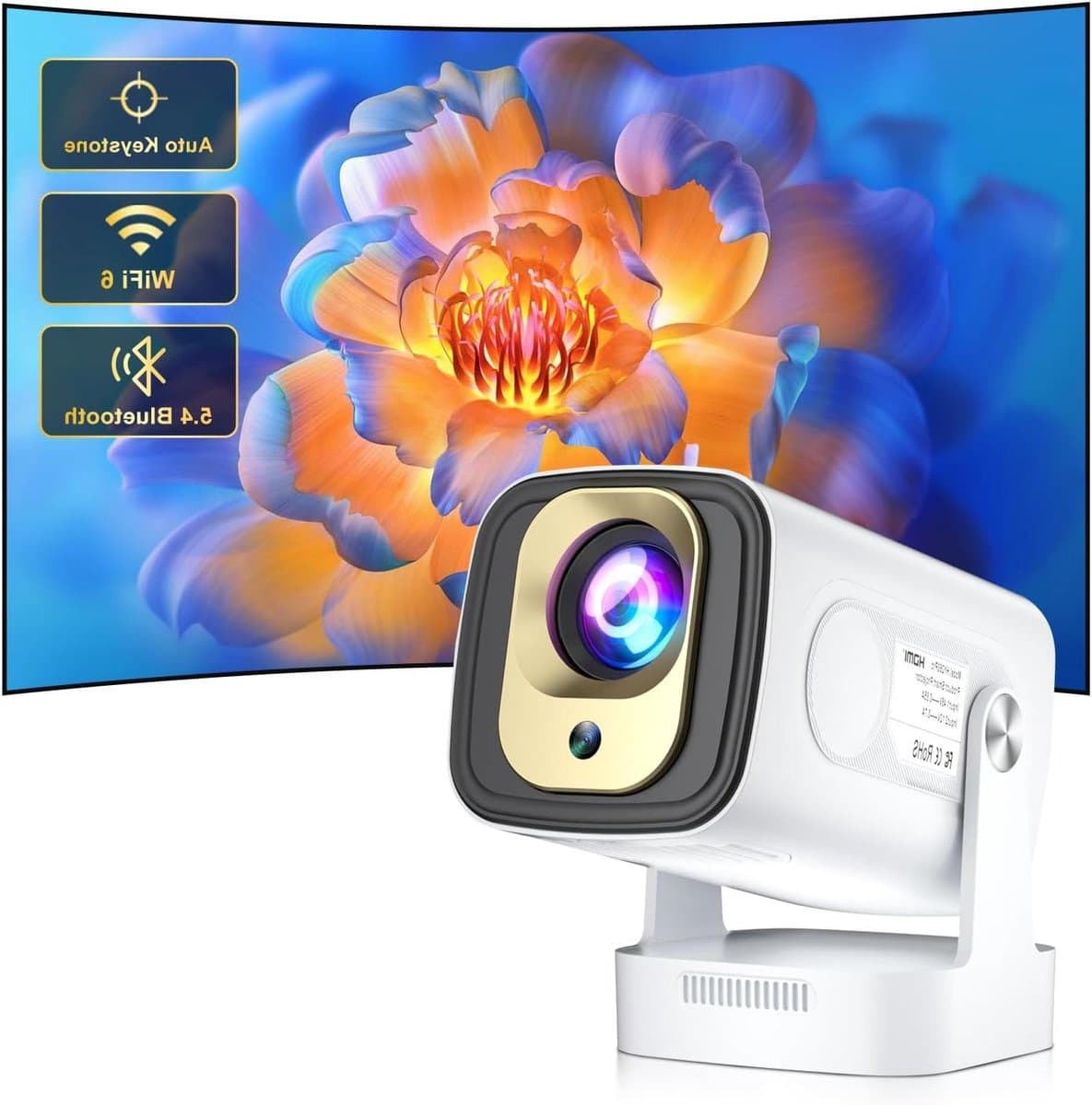 Mini Beamer - Draagbare Projector - Thuisbioscoop Creëren - Android 14 Wifi 6 - 1080p Autofocus - Wit Geel