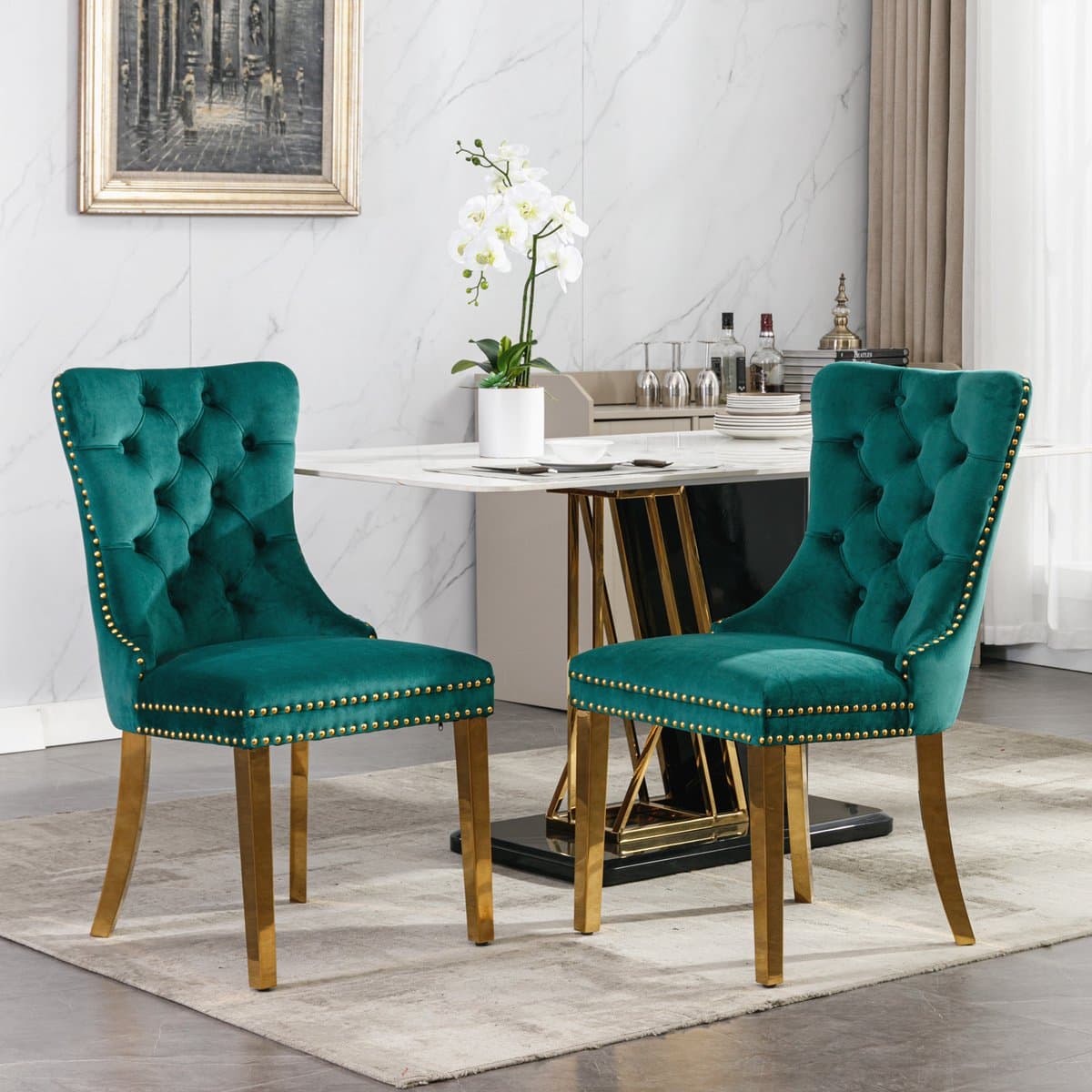 MEUNIQ Groene velvet eetkamerstoelen set van 2 met hoge rugleuning, gecapitonneerde afwerking en gouden poten voor eetkamer of woonkamer