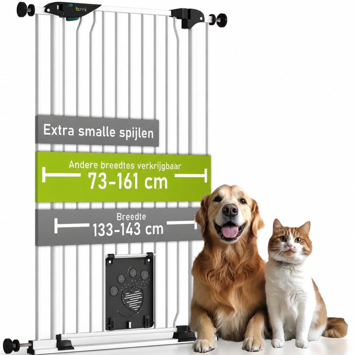 Bomi Mira Traphekje met Kattenluik Zonder Boren 133 t/m 143 cm Wit - Extra Hoog 107 cm - Hondenhekje voor Binnen - Traphekje Hond - Kattenhekje - Klembevestiging - Zelfsluitend