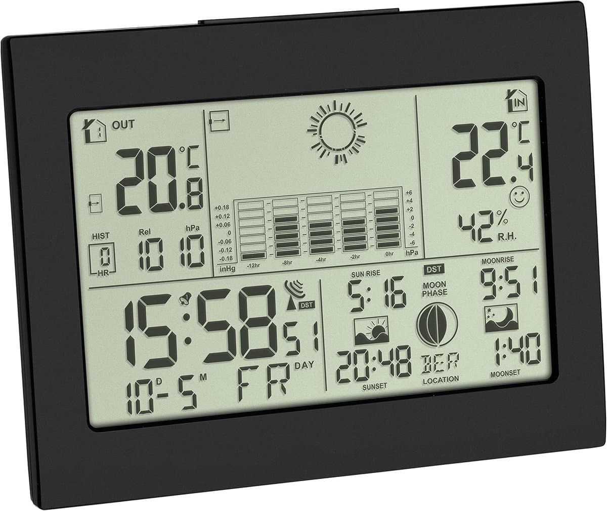 Draadloos Weerstation - Weersvoorspeller Binnen Buiten - Weer Monitoren - Radiogestuurde Klok - 158 x 123 mm - Zwart