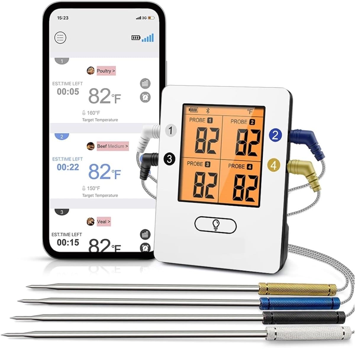 Draadloze Vleesthermometer - Kookthermometer Oven - BBQ Koken - 150M Bereik Bluetooth - 4 Sondes - Zwart