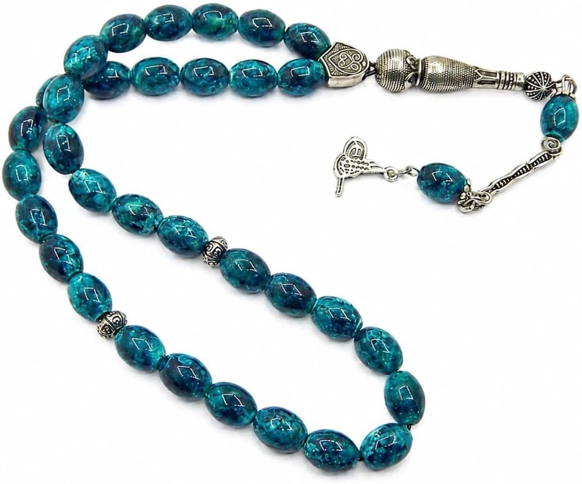 Kralen ovaal 12 x 8 mm glas Misbaha Tasbih Tespih moslim rozenkrans islamitische gebedskralen Dhikr Zikr Subha 31 cm marmeren look edelsteen effect