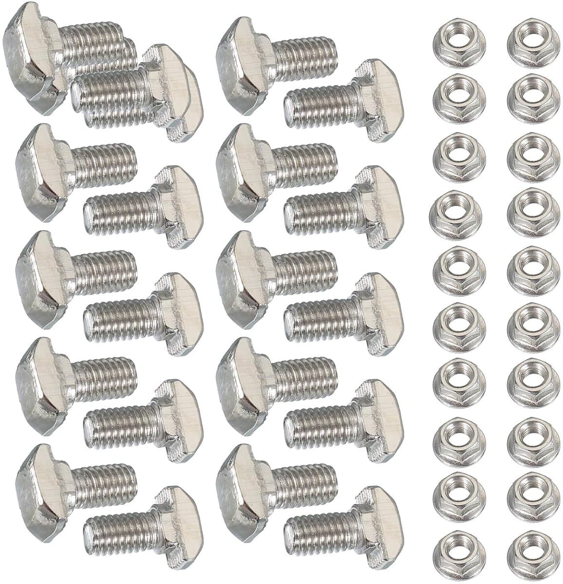 T-sleufschroeven M5 X 16 mm, 20 sets hamerkopbouten met zeskantmoeren met T-flens voor aluminium profiel uit de serie 20, kleur: zilver