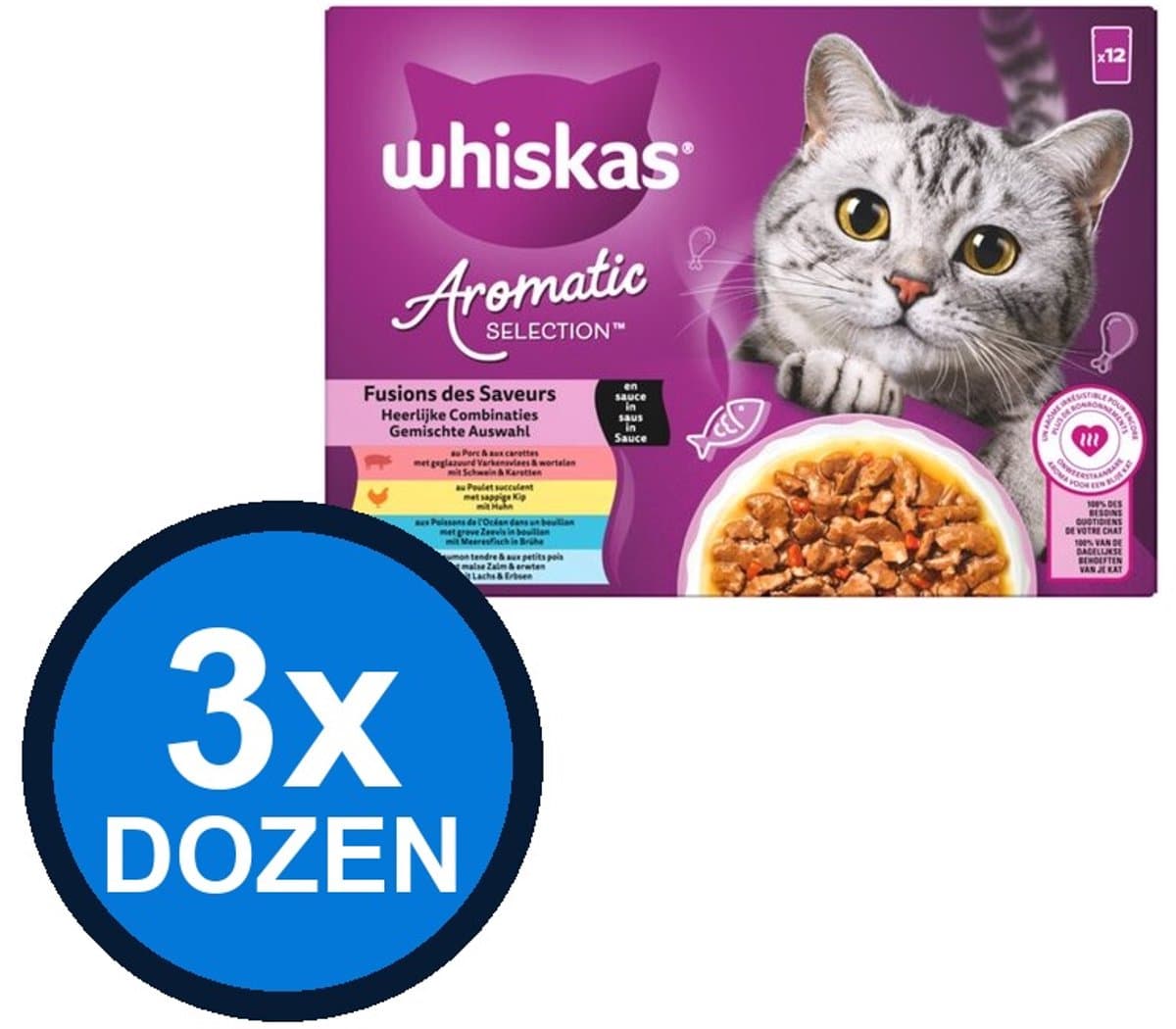 3x Whiskas - Aromatic Selection 1+ Pouch Adult Fusions Sel Multipack (12x85g) - Kattenvoer Natvoer - 1.02 kg