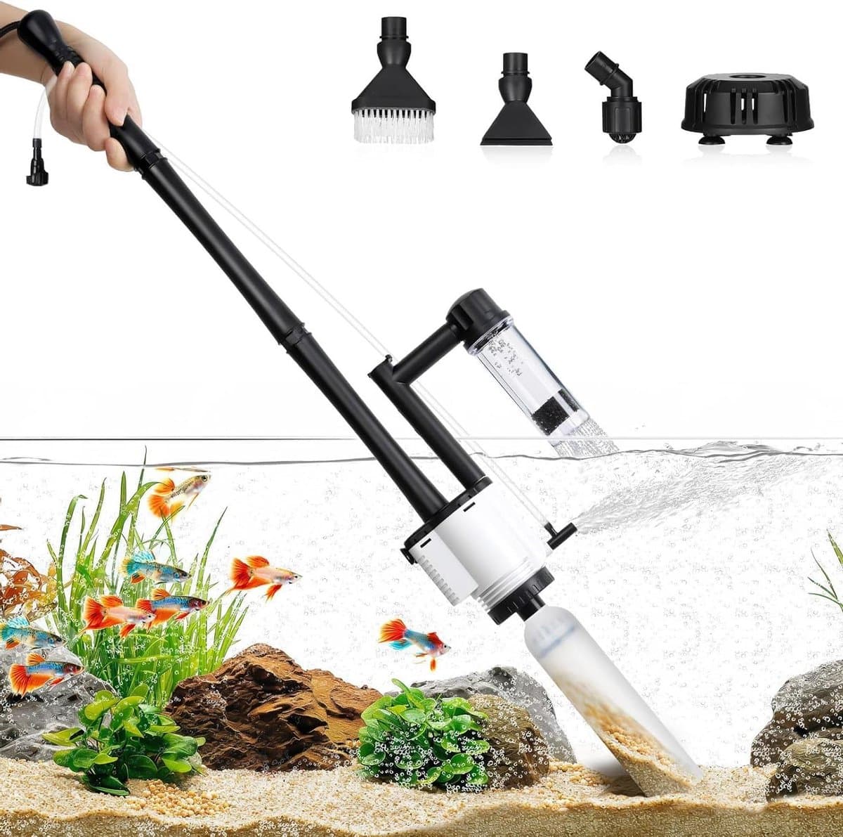 Aquariumstofzuiger - Molmzuiger Waterwisselaar - Aquarium Onderhoud - 8-in-1 Multifunctioneel - 30W Vermogen - Zwart