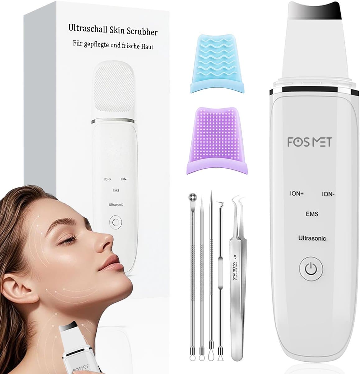 FOSMET Poriënreiniger Ultrasoon - Mee-eter Verwijderaar - Blackhead Remover - Gezichtsspatel met 4 Modi - Diepe Poriënreiniging - Skin Scrubber - Voor Zachte Huidverzorging - wit