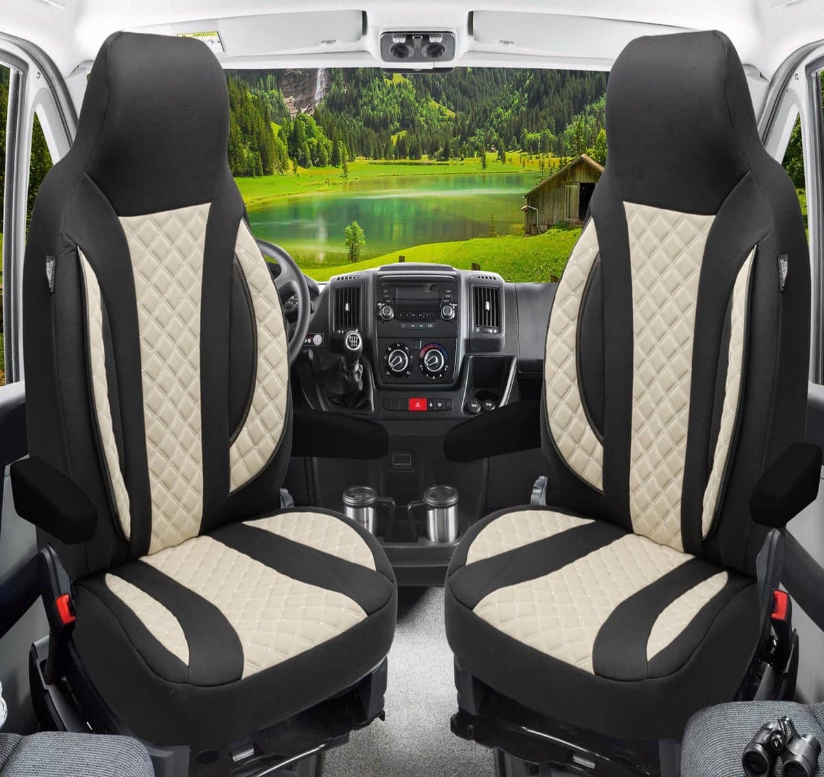 Premium Camper stoelhoezen voor Karmann WPL410 in Zwart/Beige (2 losse stoelen)