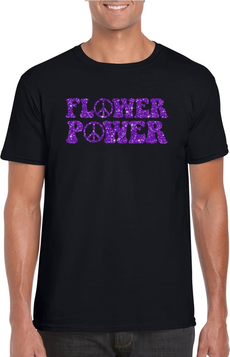 Zwart Flower Power t-shirt peace tekens met paarse letters heren - Sixties/jaren 60 kleding M