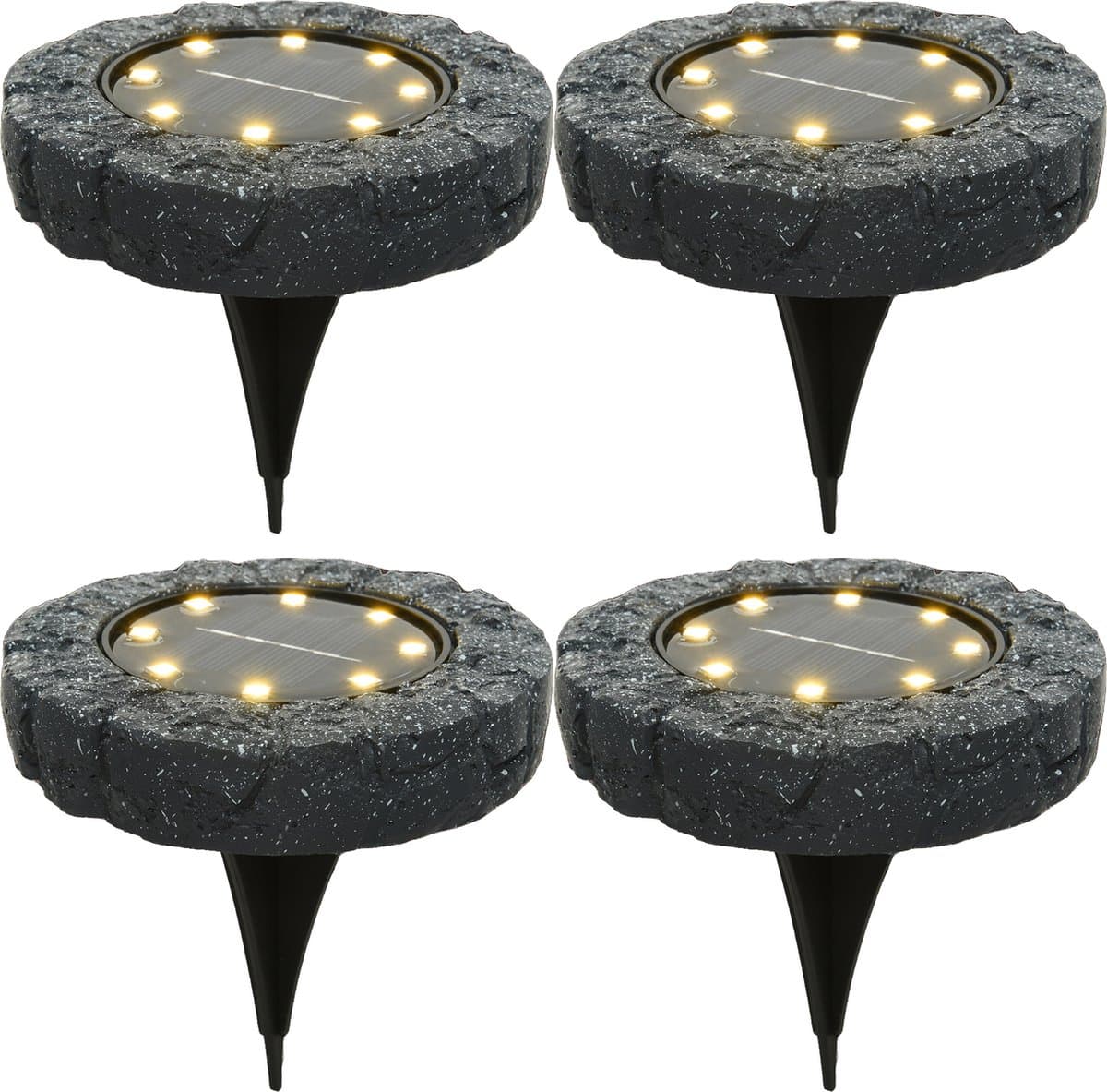 Lumineo Solar grond prikspot/tuinspot - 4x - LED - kunststeen - steengrijs - warm wit - 11 x 2 cm