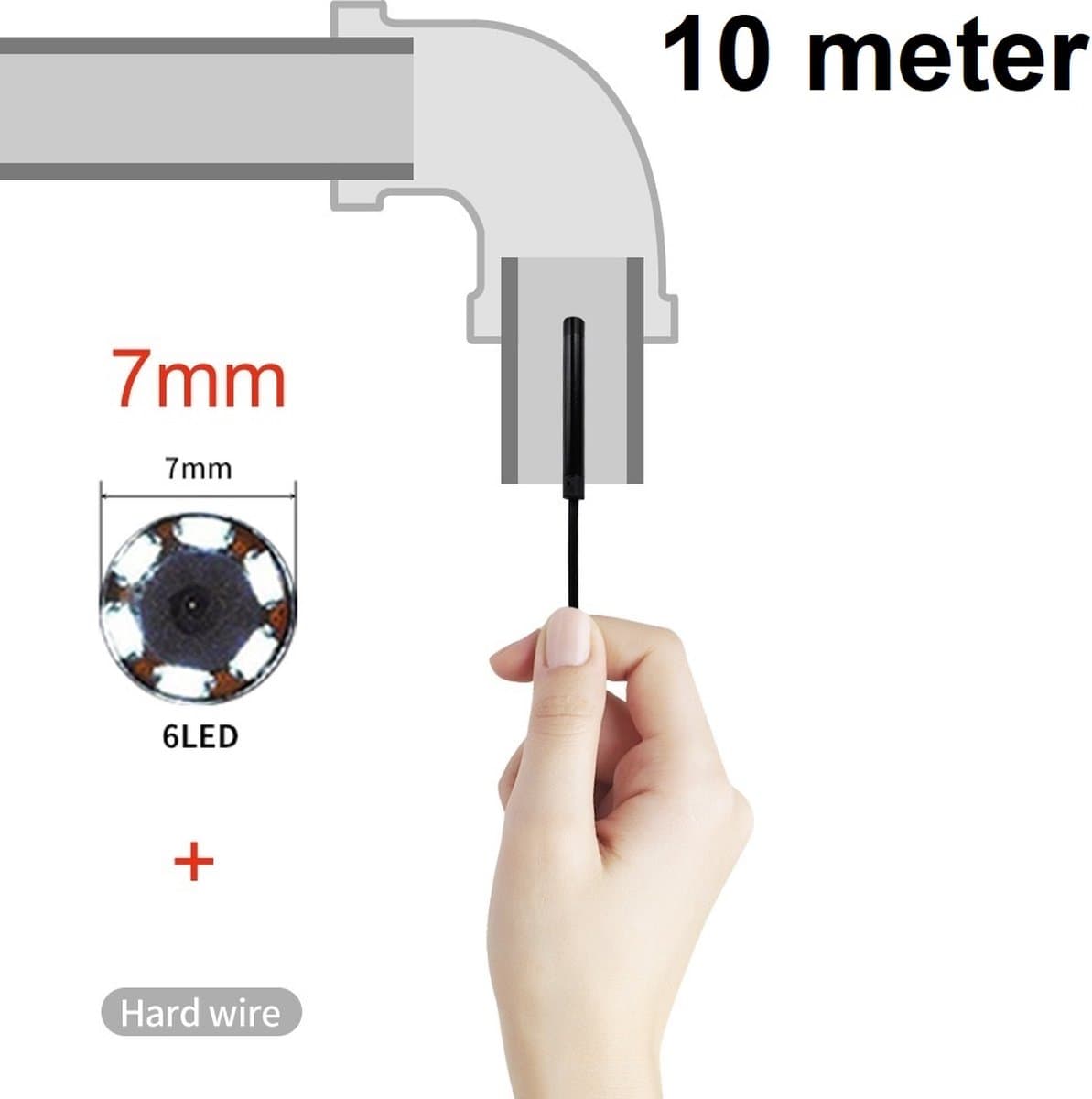 TechU™ Mini Endoscoop met Camera – 10 METER lang – 7mm Diameter Hardwire – IP67 Waterdicht – Harde Kabel met USB Aansluiting