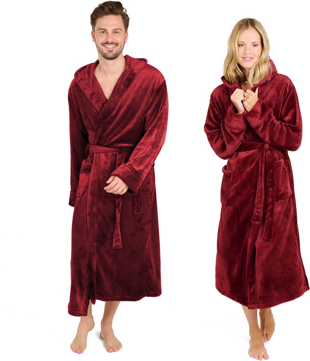 Blumtal Badjas Unisex - Dames en Heren Badjas - Fleece Badjas met Capuchon - met Zakken - Donkerrood - Maat XXL