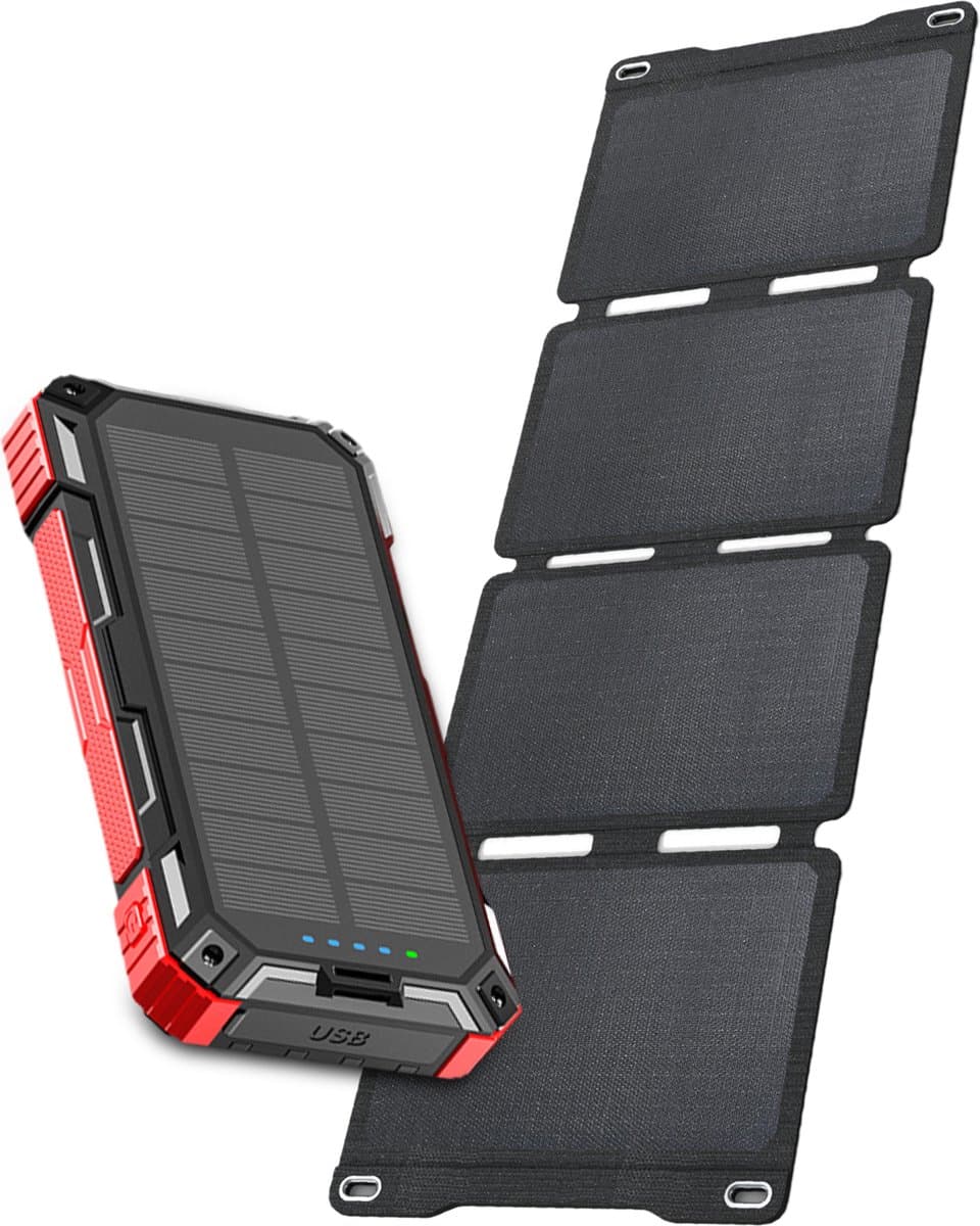 Heko Solar® Spark 2 + Unfold 30 - Powerbank met Zonnepaneel - 30000mAh - Ingebouwde USB-C/Micro/Lightning Kabels - Draadloze Oplader - Noodpakket, Noodstroom, Kamperen en Outdoor