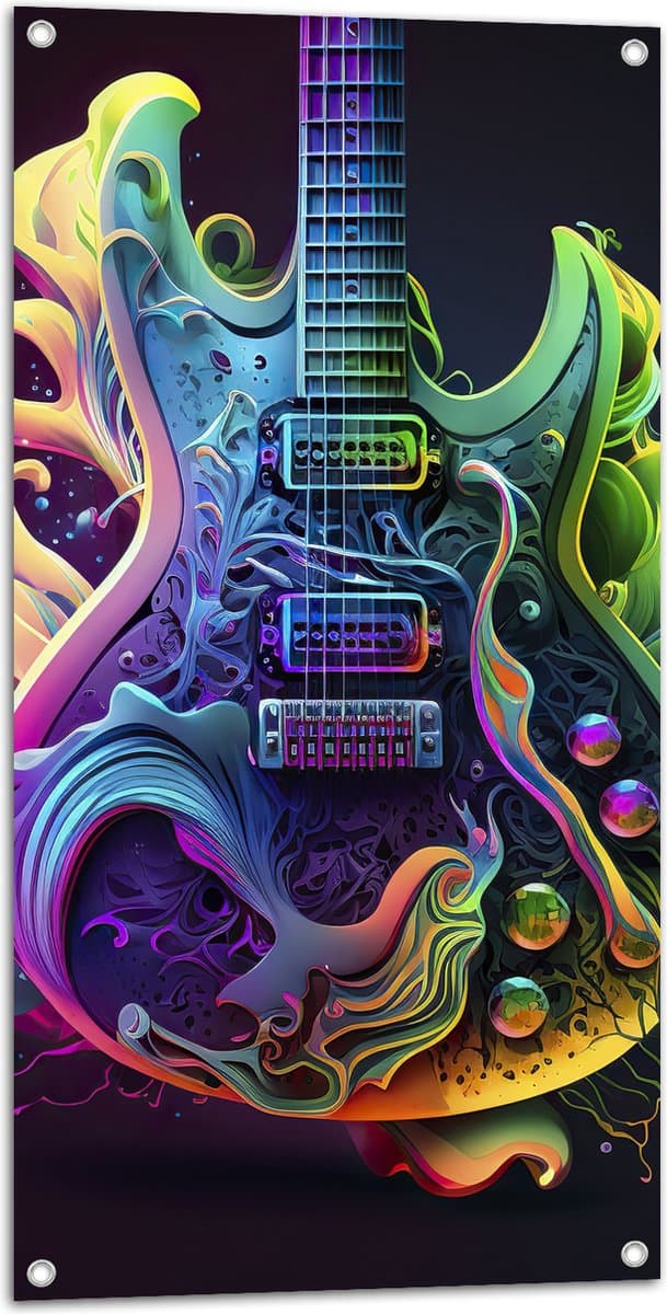 Tuinposter – Elektrische Gitaar Versierd met Gekleurde Vlammen - 50x100 cm Foto op Tuinposter (wanddecoratie voor buiten en binnen)